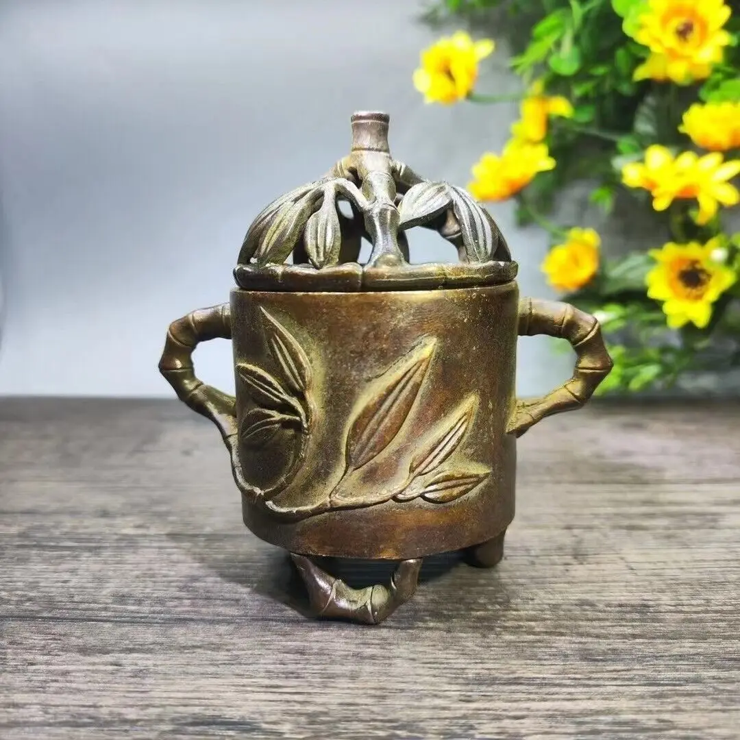 

vintage chinese bronze buddha cast bamboo incense burner pot table decoration
