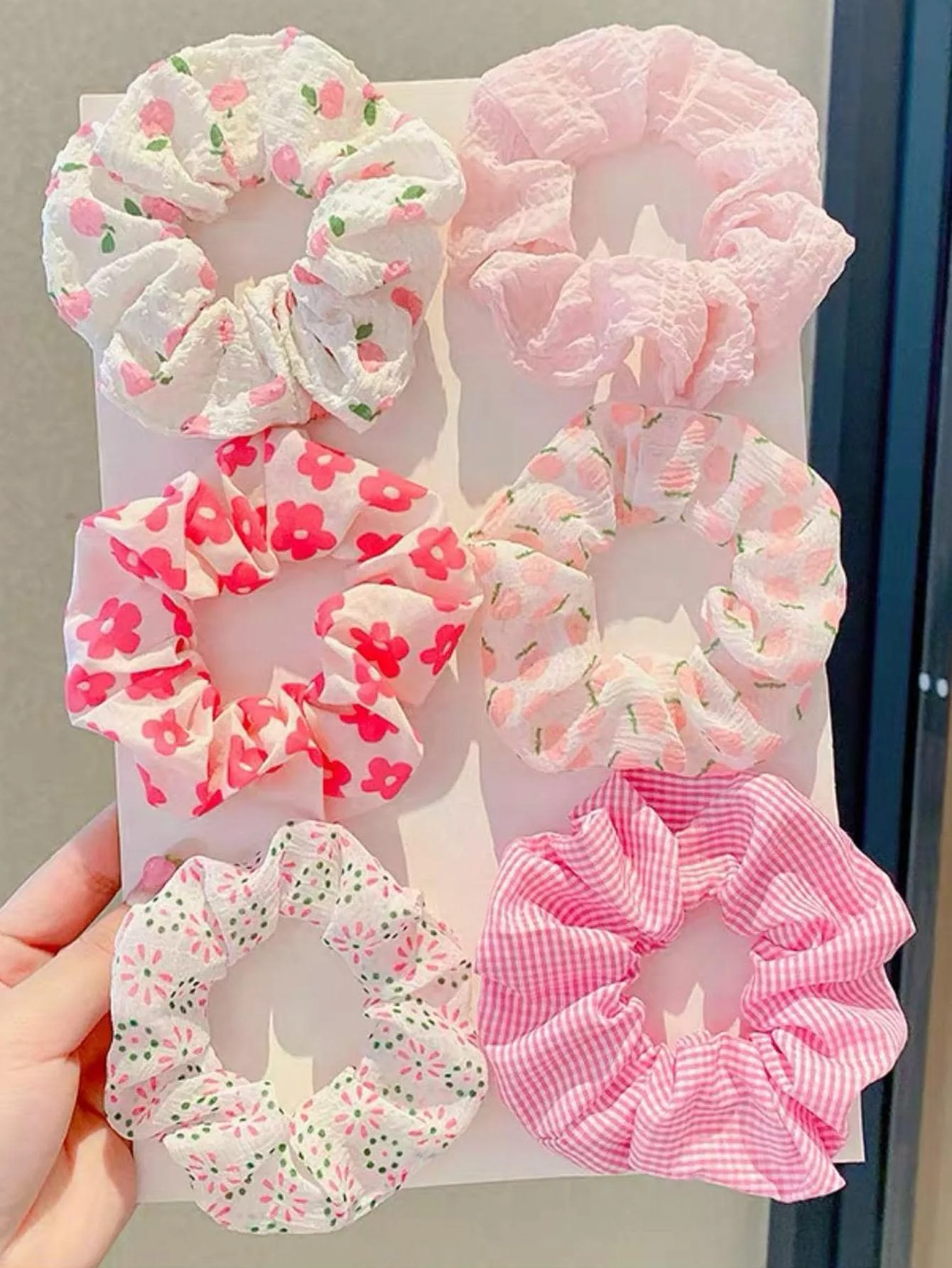 

6pcs Floral Print Scrunchies Pink Hair Ties Elastic Hair Bands Women Accessories