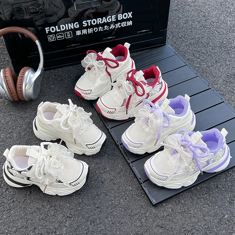 

2025 Autumn New Children Causal Shoes for Girls Fashion Korean Style Soft Sole Anti-slippery Versatile Princess Beading Sneakers