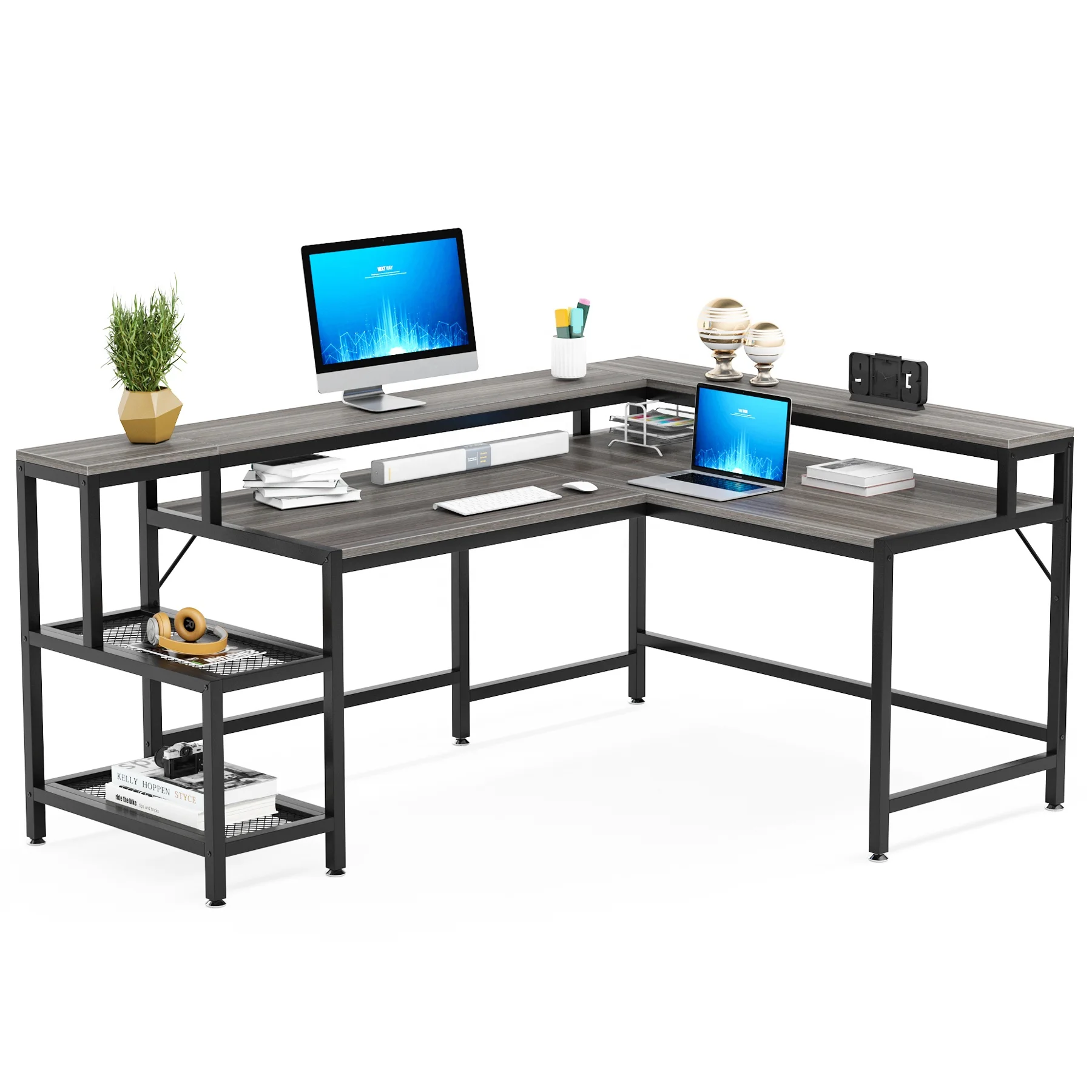 Tribesign Gaming Desk Large Wooden Reversible Home Office Furniture Industrial Computer Desk