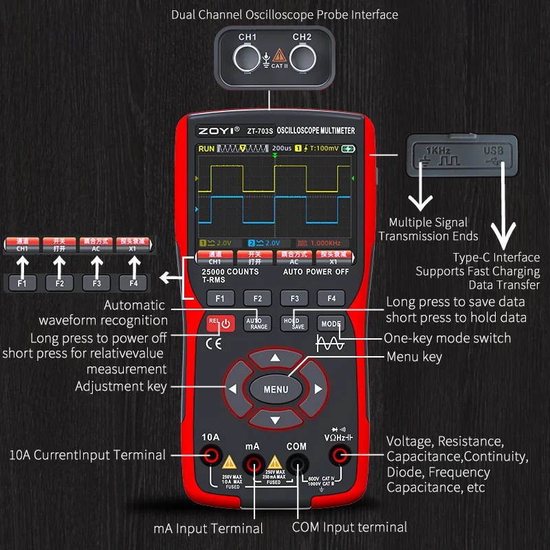 3in1 Dual-Channel Oscilloscope Multimeter Signal Generator 50MHZ Bandwidth 280MSa/s Real-Time Sampling Rate 128KB Record Length