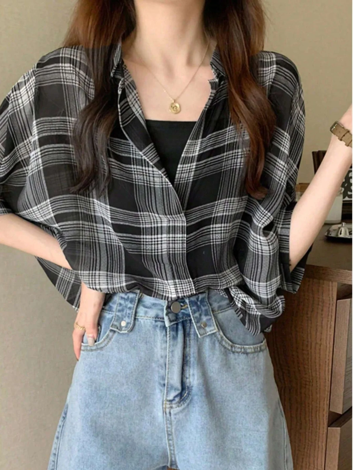

Chic American Retro Plaid Open Cardigan irt Loose ort Sve Turn-down Collar Women's Faion Korean Sle Commute Wind