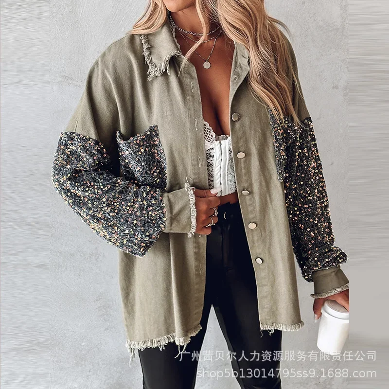 Elegant Shirt Cardigan Coat Casual Loose Pockets Trend Sequin Shirts Jackets Women Long Sleeve Stitching Contrast Raw Hem Coats