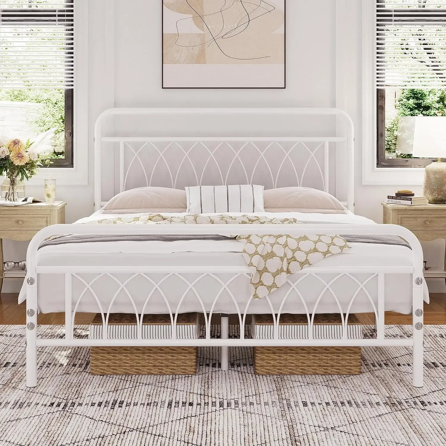 

Queen Bed Frame Metal Platform Bed with Petal Accented Headboard/Footboard/14.4 Inch Under Bed Storage/No Box Spring Needed