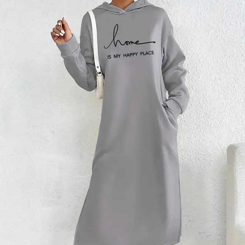 2025 Women's Floral 3D Pattern Hoodie Dress - Beige, featuring pink and blue floral prints, with a flowing long skirt