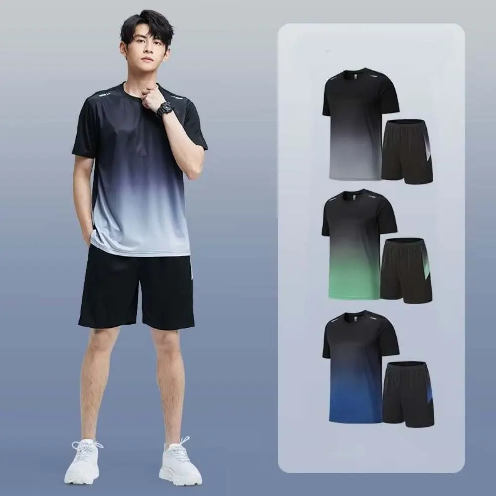 

Gradient Color Short Sleeve T-shirt Shorts Breathable Sportswear Summer Sport Sets Male Clothings Patchwork
