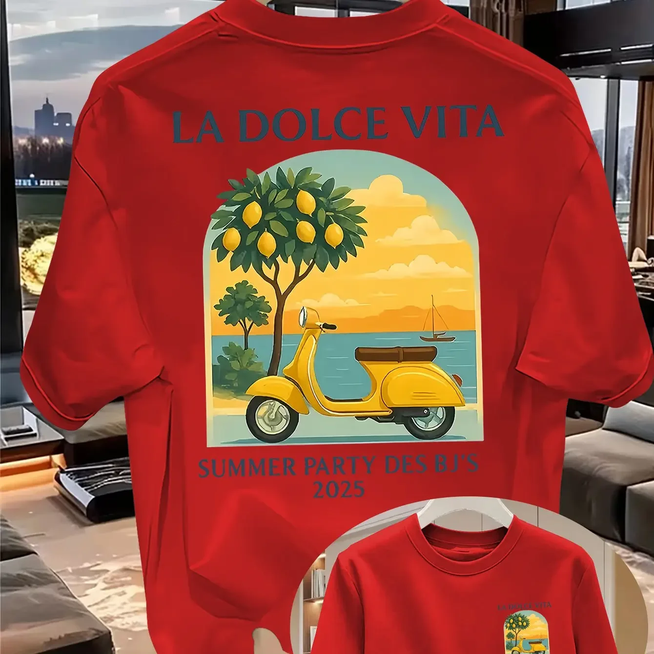 Retro Men's 100% Cotton T-Shirt La Dolce Vita Italian Vespa Lemon Tree Mediterranean Seaside Sunset Print Loose Fit Short Sleeve