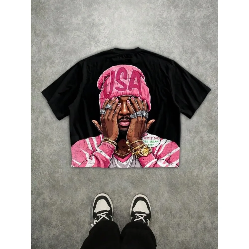 Y2K Oversized Hip-Hop-Street-T-Shirt in Pink mit amerikanischem Motiv, Unisex, Kurzarm, Retro, locker geschnitten, Rundhals, lässige Streetwear – Detail 1