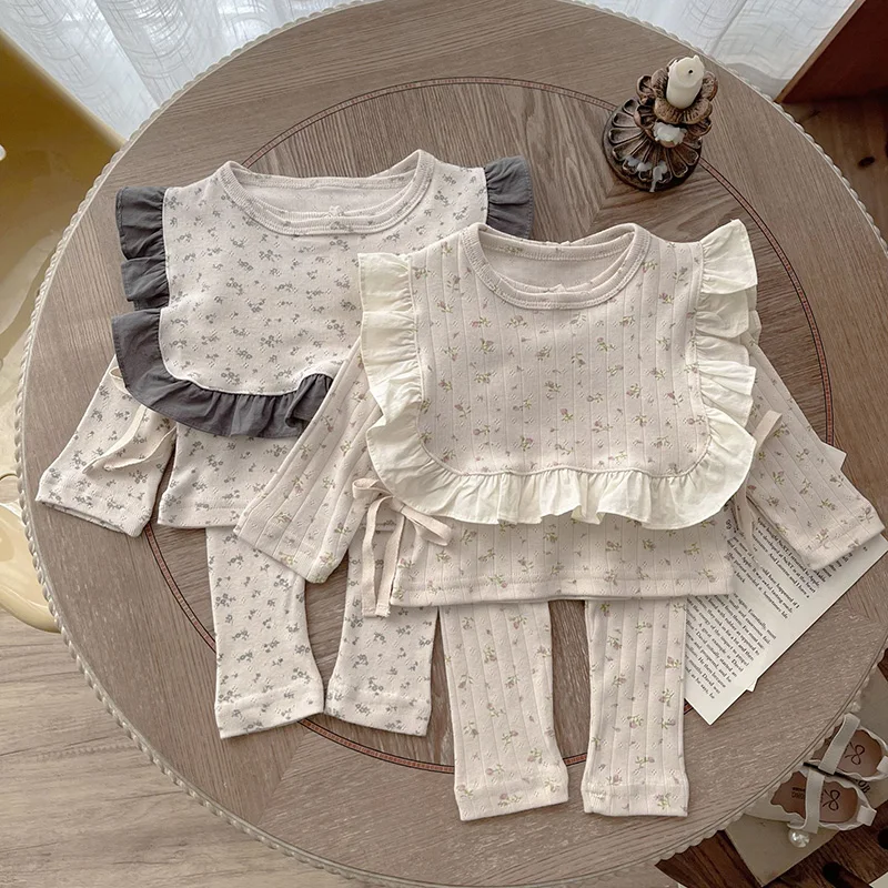 3Pcs MILANCEL Spring Autumn Infant Baby Girls Clothing Set Comfortable Floral Blouse Pants With Bib Home Wear Suit