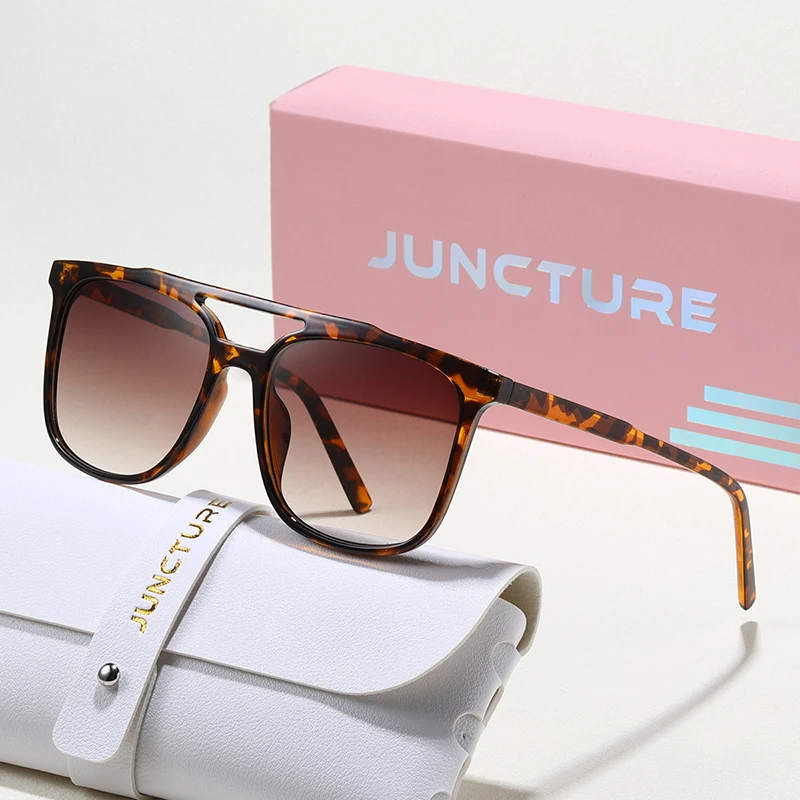 JUNCTURE Modische Retro-Sonnenbrille mit großem Rahmen für Herren und Damen, quadratische Sonnenbrille, Vintage-Stil, schwarz, für Damen, modische Doppelstrahl-Brille