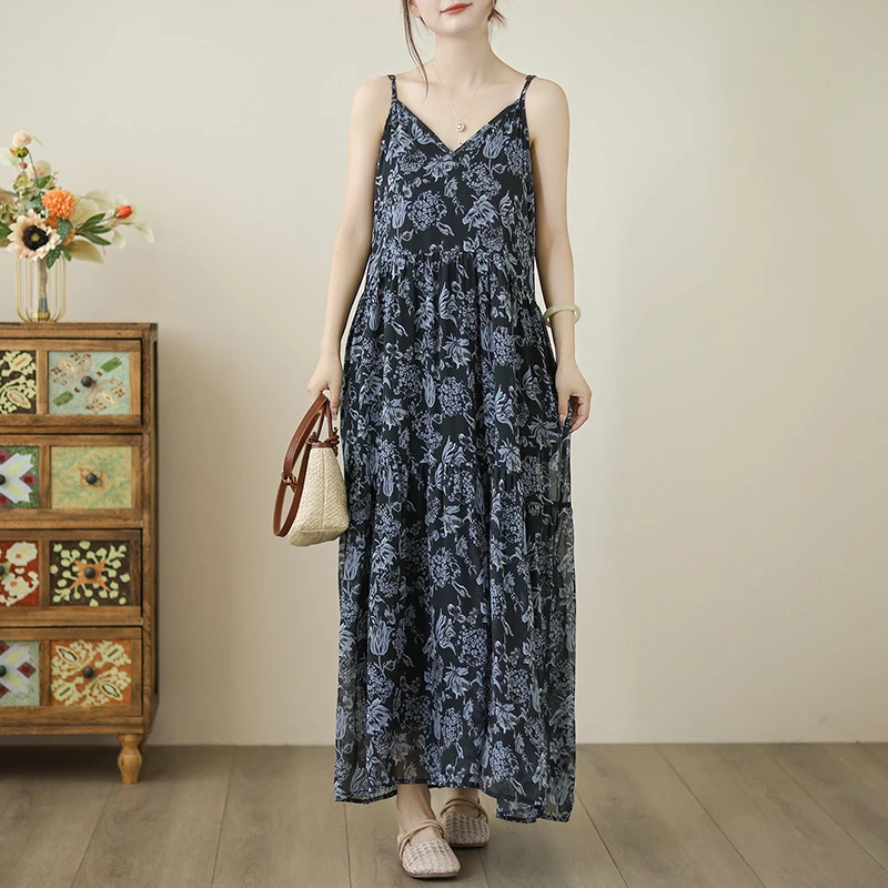 2025年夏プリントサスペンダーコットンリネンルーズロングマキシ丈ワンピースカジュアルルーズビーチホリデーボヘミアン