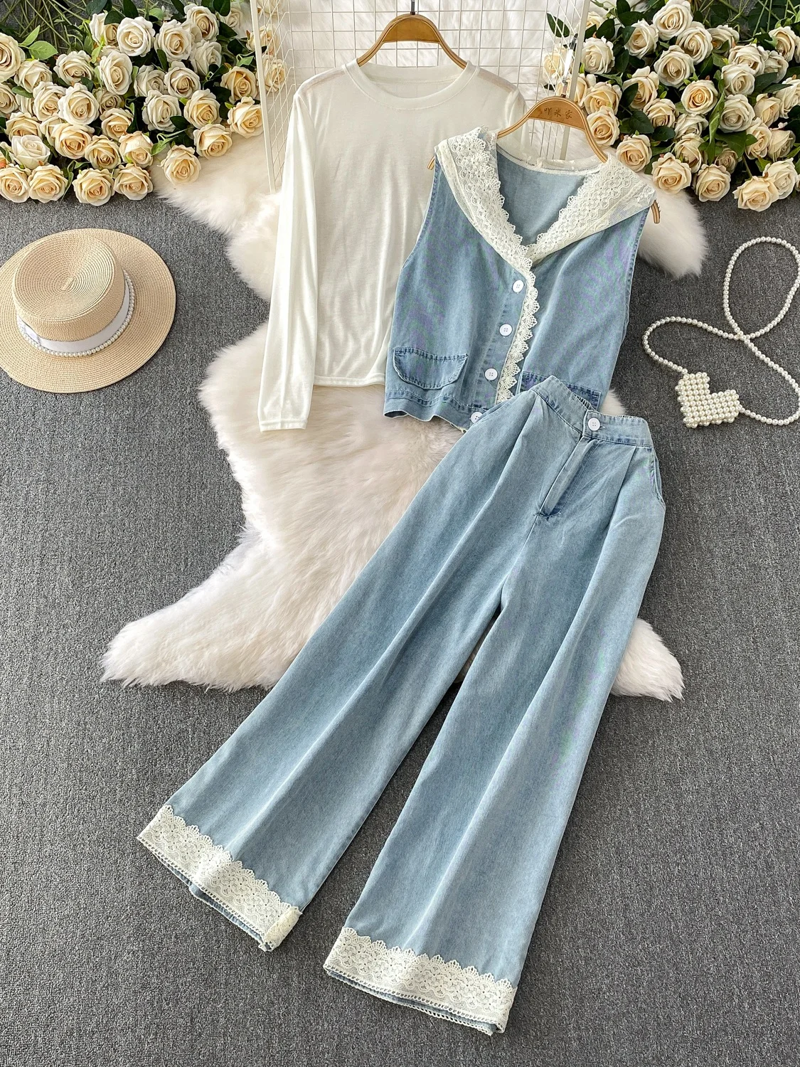 

Faionable Tee-Piece Set Women's Long Sve Thin Sun Protection T-irt Lace Trim High Waist Jeans Jaet And Pants