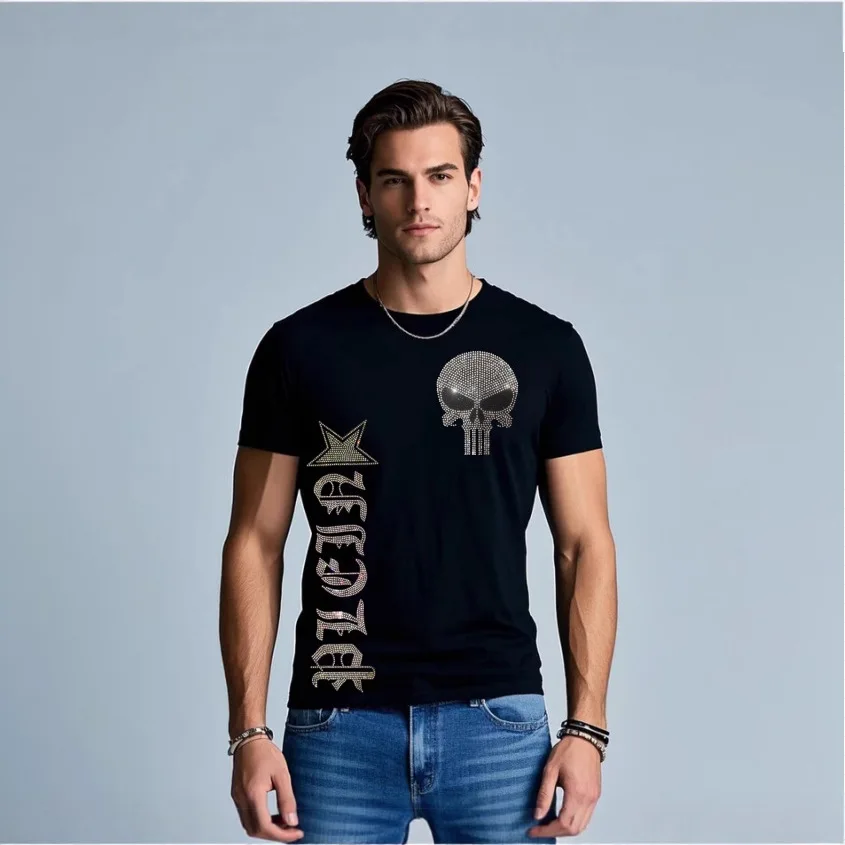 

2025 New Skulls Rhinestones Short Sleeve T Shirts Men Brand Clothing O Neck Slim Tshirts Fashion Man Streetwear Plus Size 5XL