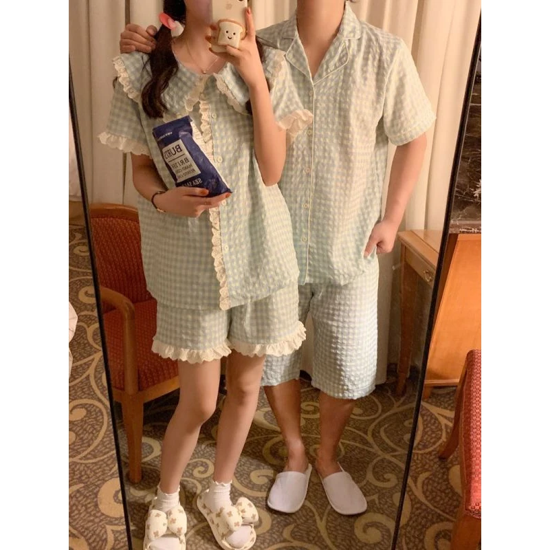 Sleepwear Women Princess Style Summer Cotton Pajamas Women 2023 New Couples Men\'s Large Size Simple Outside Loungewear Suit