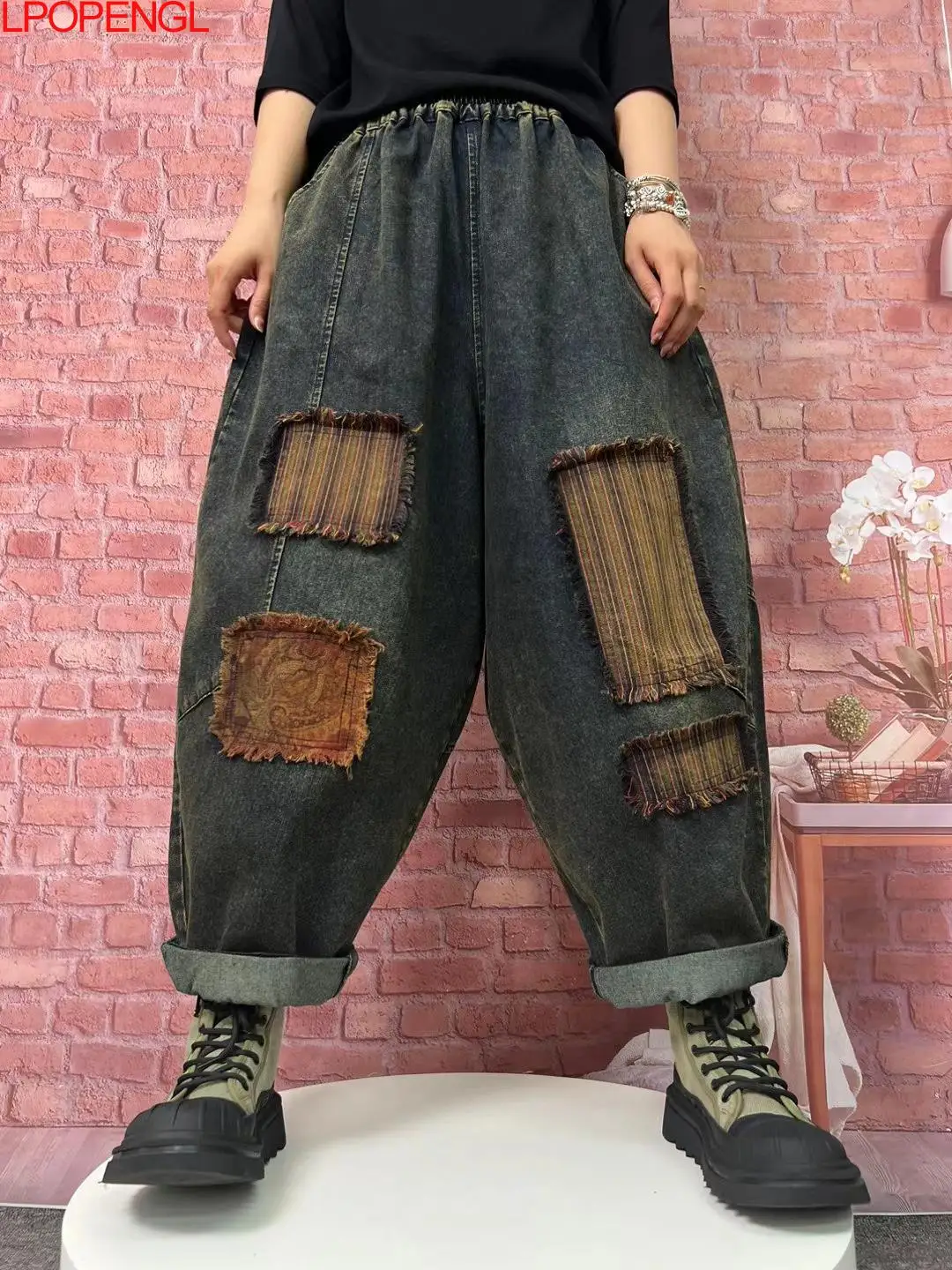 Woman Autumn New Patch Ankle-length Pants Casual Literary Vintage Versatile Loose Jeans Streetwear Straight Denim Harem Pants