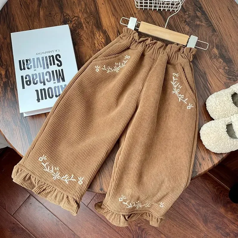 Children's Lace Casual Wide-leg Pants 12M-7Y Girls Clothes Baby Flower Embroidery Corduroy Integrated Velvet Straight Pants