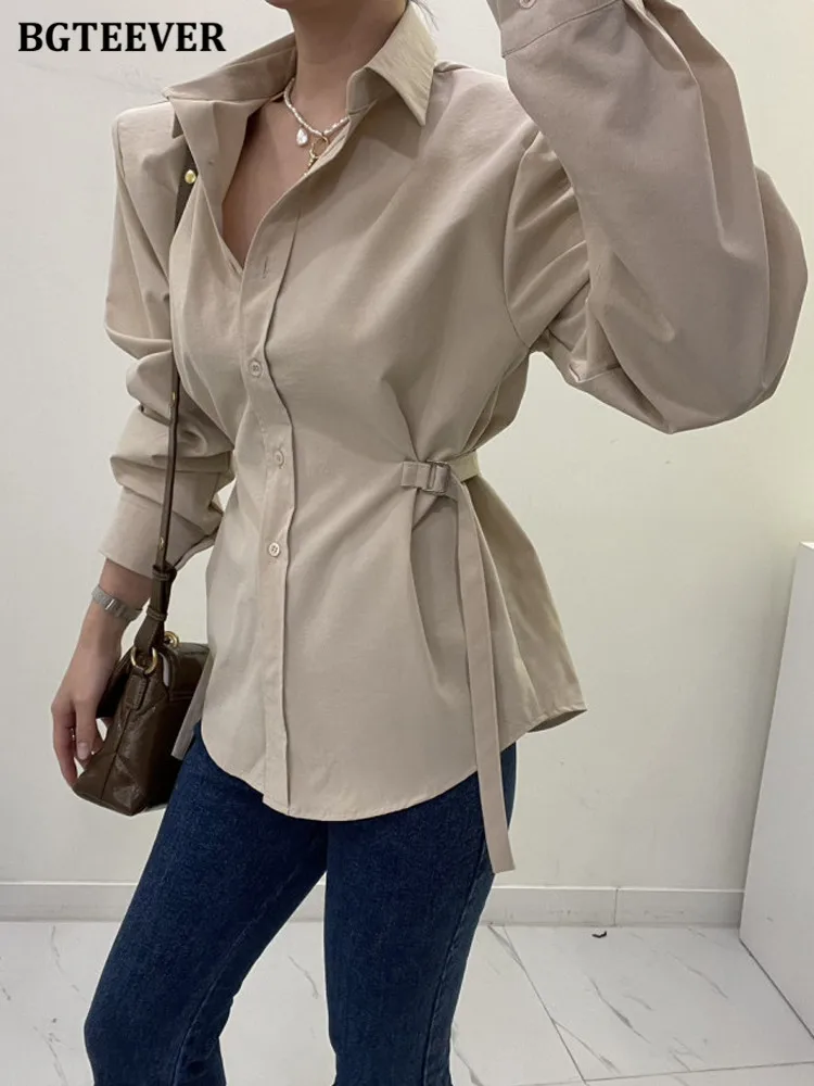 BGTEEVER Stylish Lapel Full Sleeve Women White Shirts Spring Summer Loose Single-breasted Female Blouses Ladies Tops Blusas