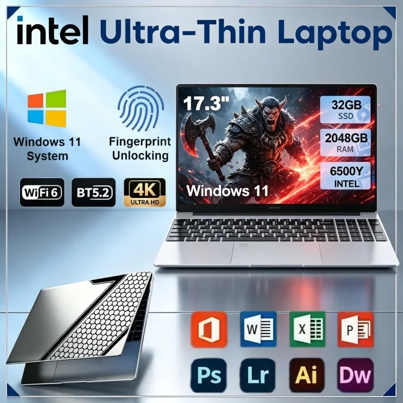 17.3 Inch Large Screen Laptop Intel 6500Y Windows 11 32GB RAM 2TB SSD Fingerprint Login Computer For Home Media & Daily Office