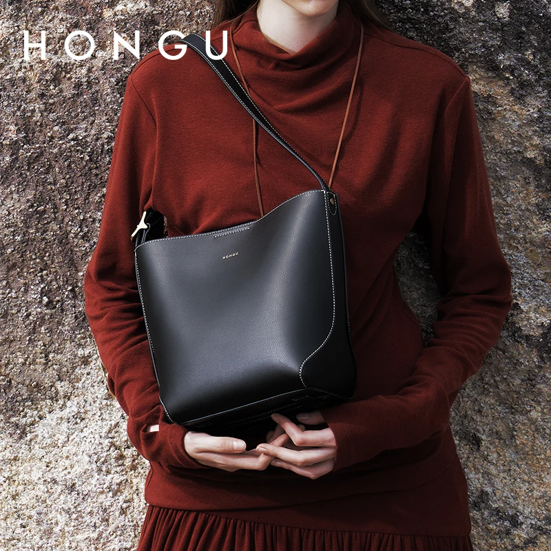 

HONGU Designer Luxury Bag for Woman 2025 Retro Simple Casual Black Shoulder Bag Large Capacity Crossbody Bucket Bag H5176064