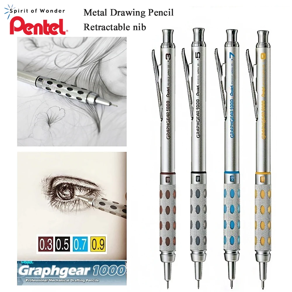 Pentel-GraphGear 1000 기계식 연필 금속 막대, 낮은 중력 중심 개폐식 펜촉 드로잉 연필 스케치 0.3 0.5 0.7 0.9mm 