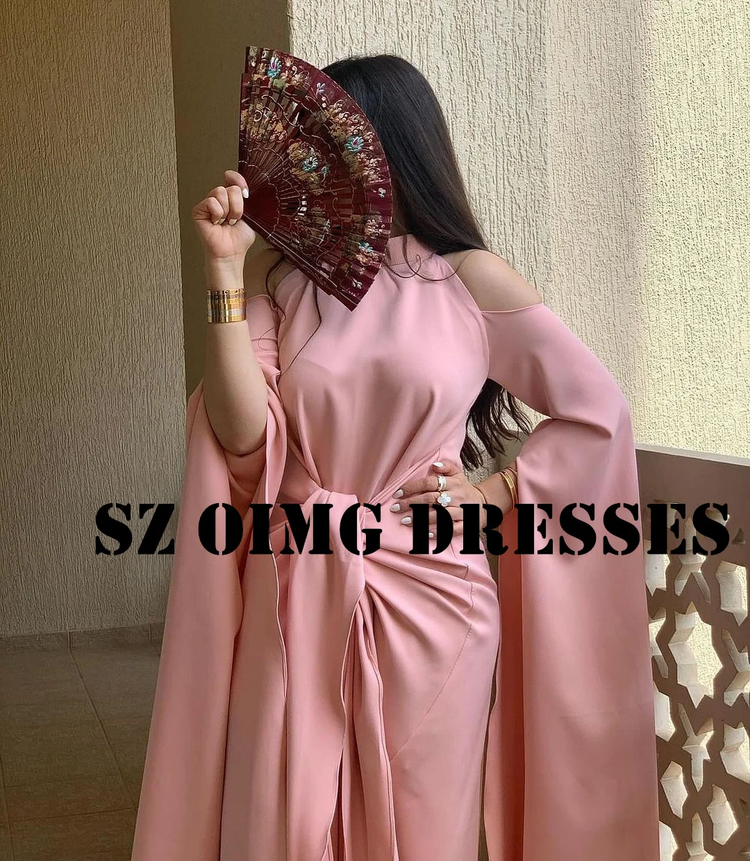 OIMG nuovo Design abiti da ballo collo alto donne arabe maniche a mantella rosa Chiffon abiti da sera semplici abito da festa formale