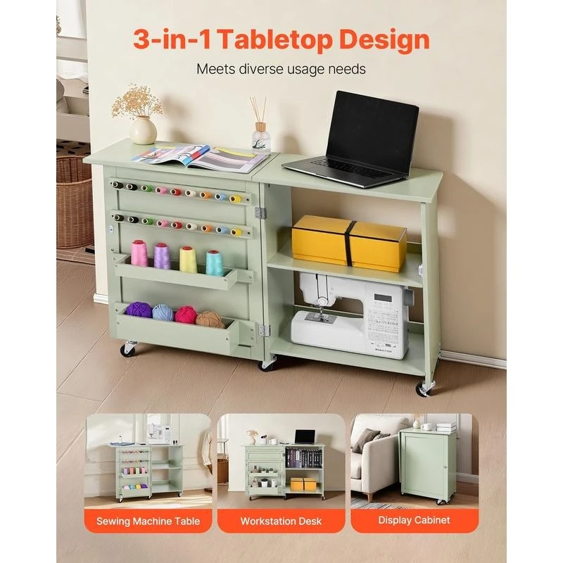 Folding Sewing Table, Multipurpose Sewing Machine Table with Compact Design, Wheels, Wooden Pegs, Storage Trays and Shelf, Magnetic Door Lock, Craft Station and Side Desk for Home, Light Green view 6