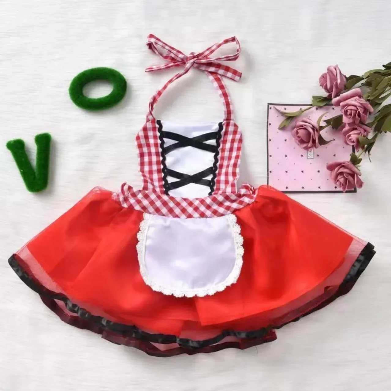Mädchen Märchenkostüm mit Kapuze, rotem Umhang, Netz-Tutu-Kleid, weißer Schürze, Kinder-Halloween-Karnevalskostüm – Detail 10