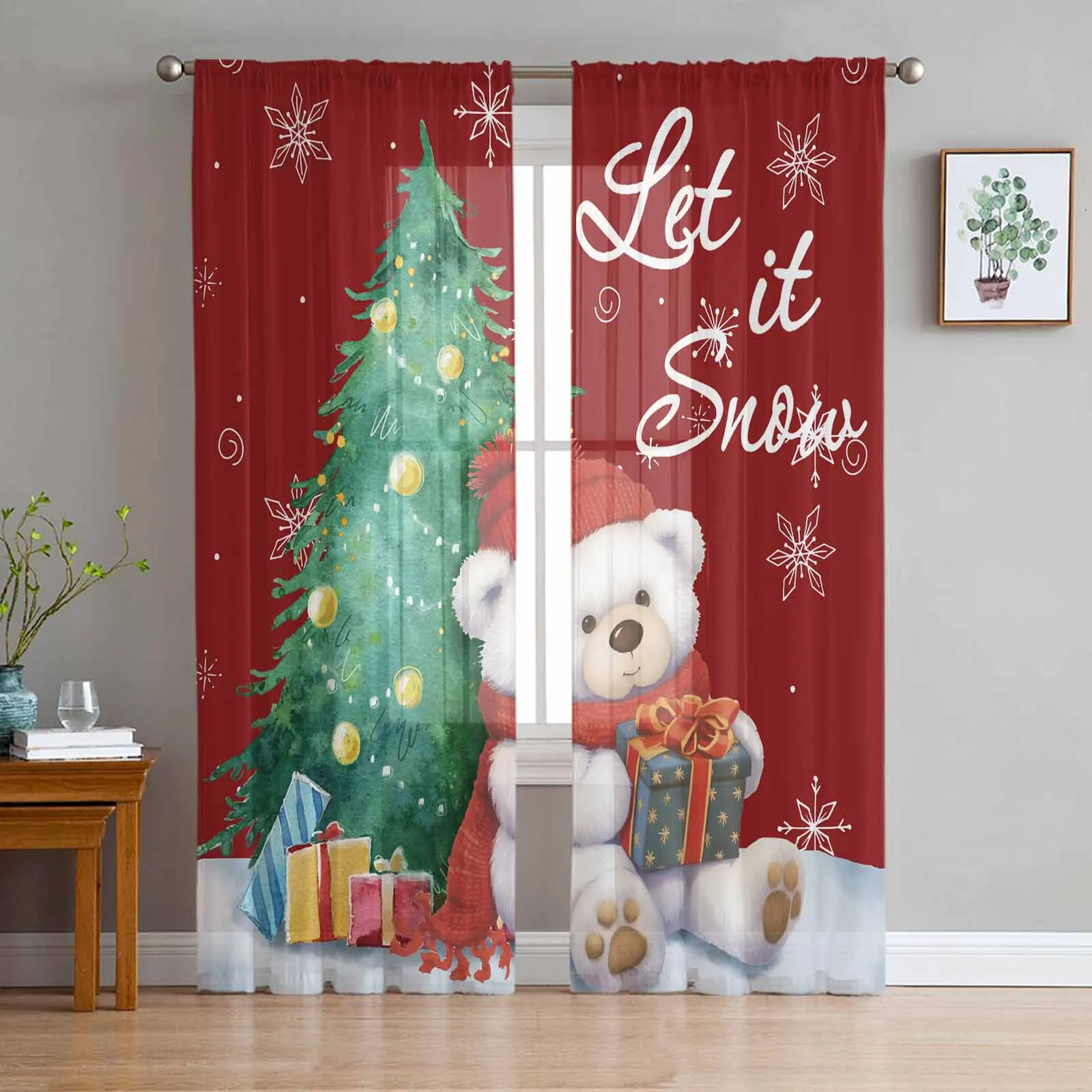 

Christmas Snowflakes Retro Koala Sheer Curtains for Living Room Bedroom Home Hotel Coffee Decor Chiffon Tulle Curtains