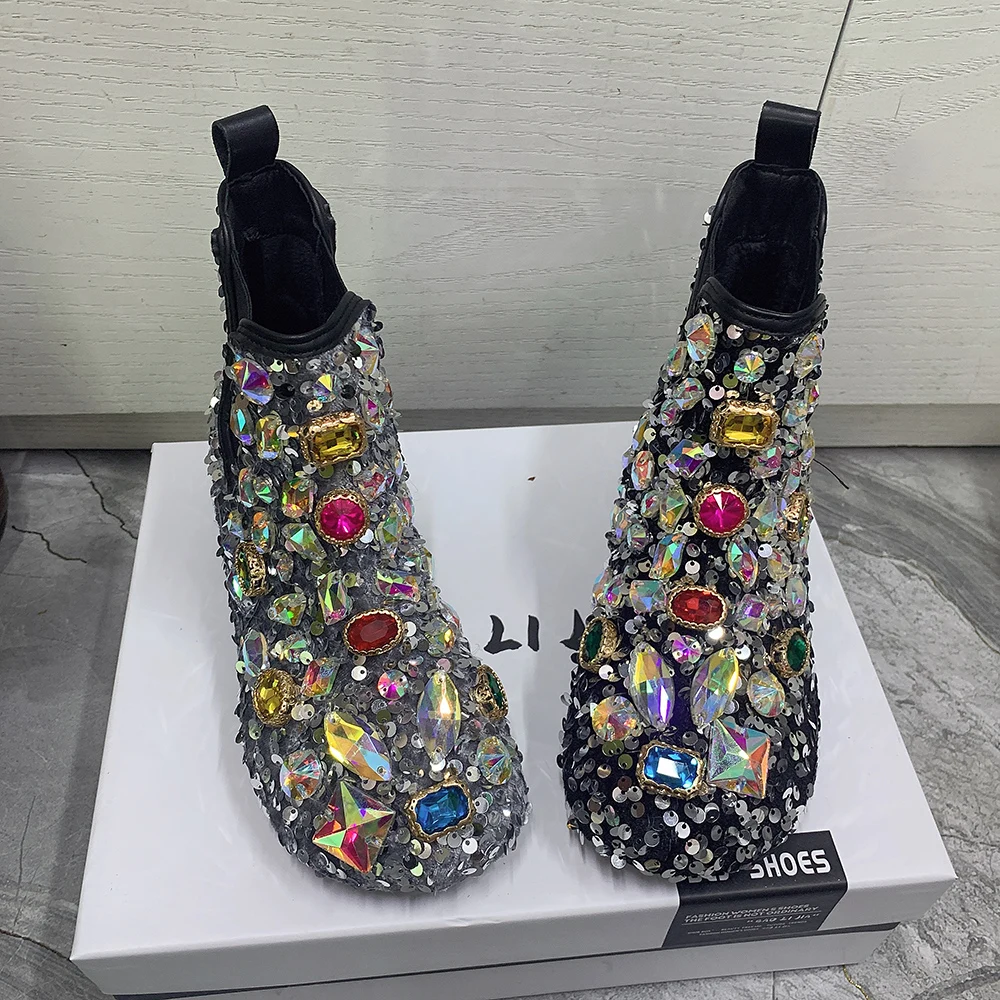 

Fashion Rhinestone Sequin Women Boots Plus Size Casual Flat Ankel Boots Designer Women Shoes Antislip Warm Winter Snow Boots