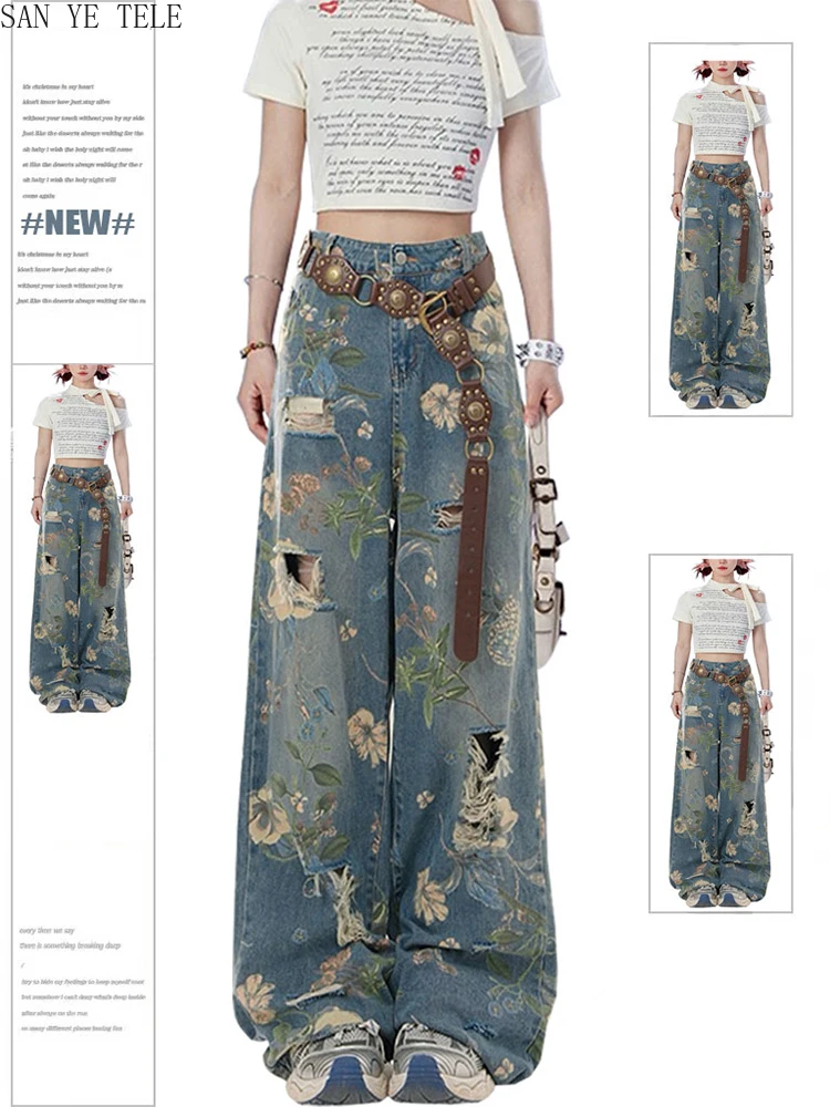 

Винтажные рваные джинсы с цветочным принтом, женские свободные прямые брюки Y2k, рваные эстетические джинсовые брюки в стиле Харадзюку 90-х, новинка моды