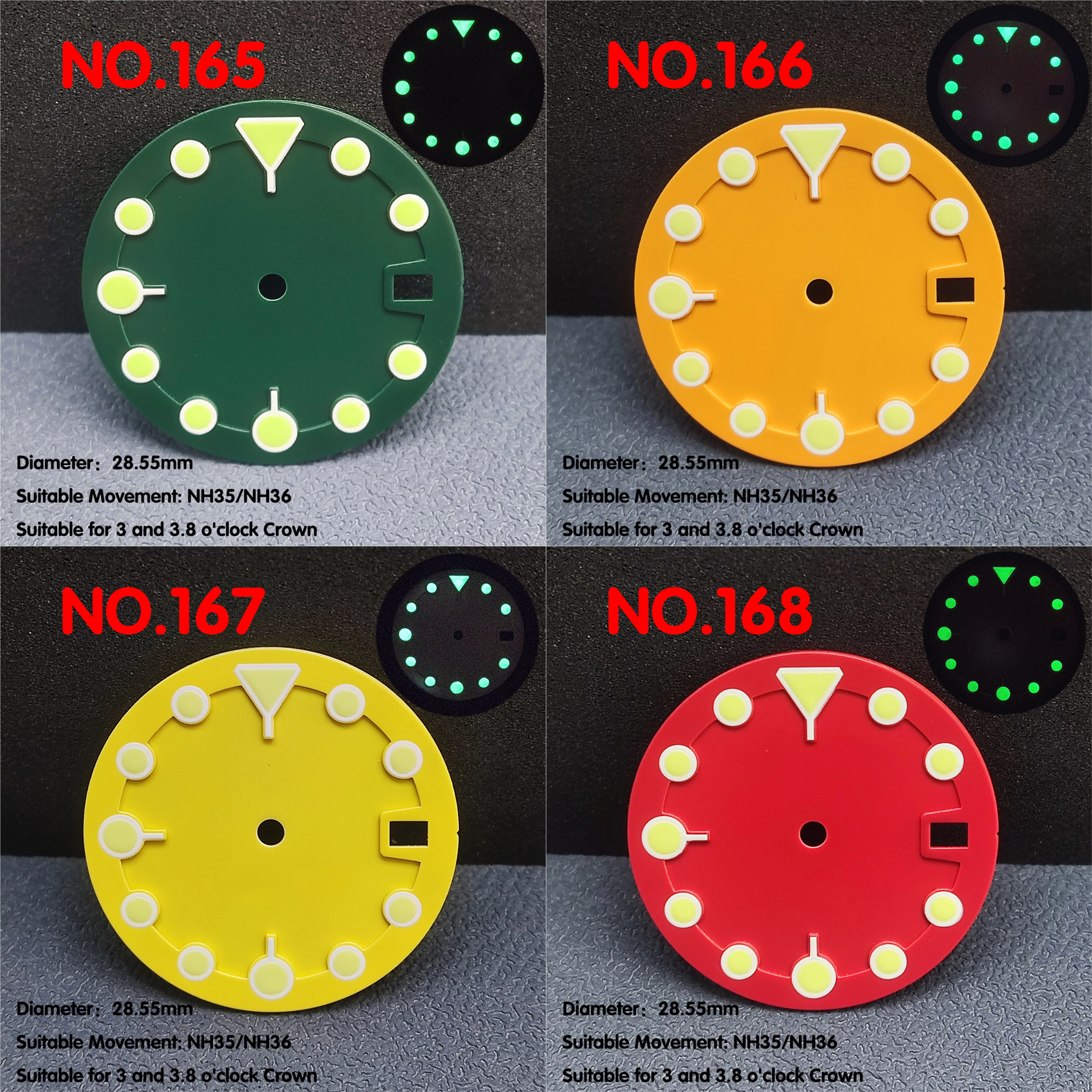 Zifferblatt mit 28,55mm Durchmesser grün/orange/rot/gelb Zifferblatt für Zubehör für Uhrwerke nh35/nh36