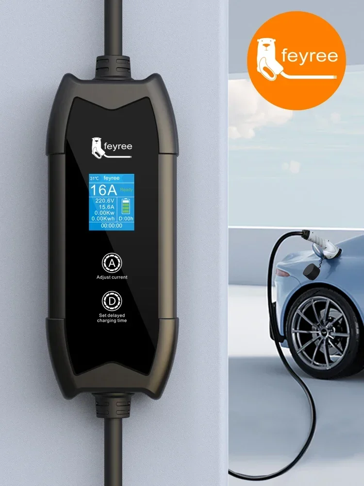 Feyree EV-Ladegerät Tragbar Typ2 16A 3,5kW Einphasig Stromstärke Einstellbar und Verzögerungszeit Programmierbar mit Schuko-Stecker für Elektrofahrzeuge