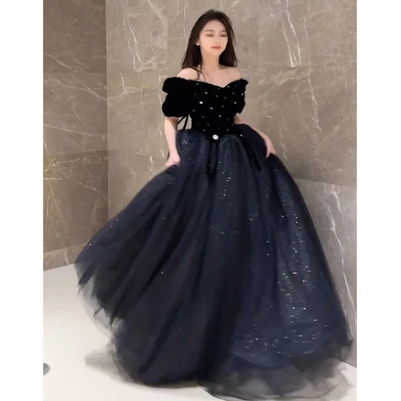 

Women's Banquet Elegant Black Pettiskirt Light Luxury Niche Host Art Exam Sense off-Shoulder Dress