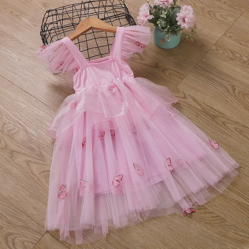 3-8Yrs Girl Princess Dress for 2024 New Big Butterfly Wings Fairy Mesh Flying Sleeve Fashion Dresses Cute Baby Girls Summer Wear