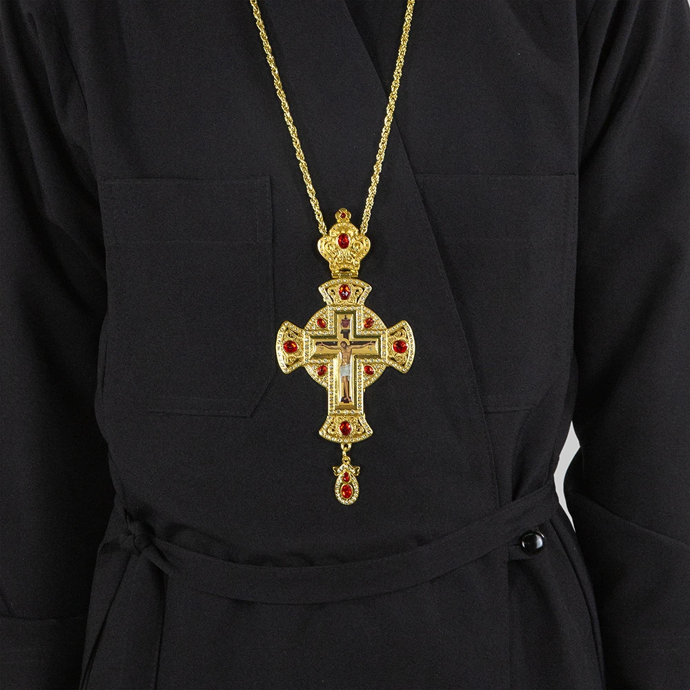 Collier croix orthodoxe byzantine traditionnelle pour prêtre, plaqué or, avec pendentif Jésus orné de pierres, cadeau religieux, rouge, bleu, vert, violet