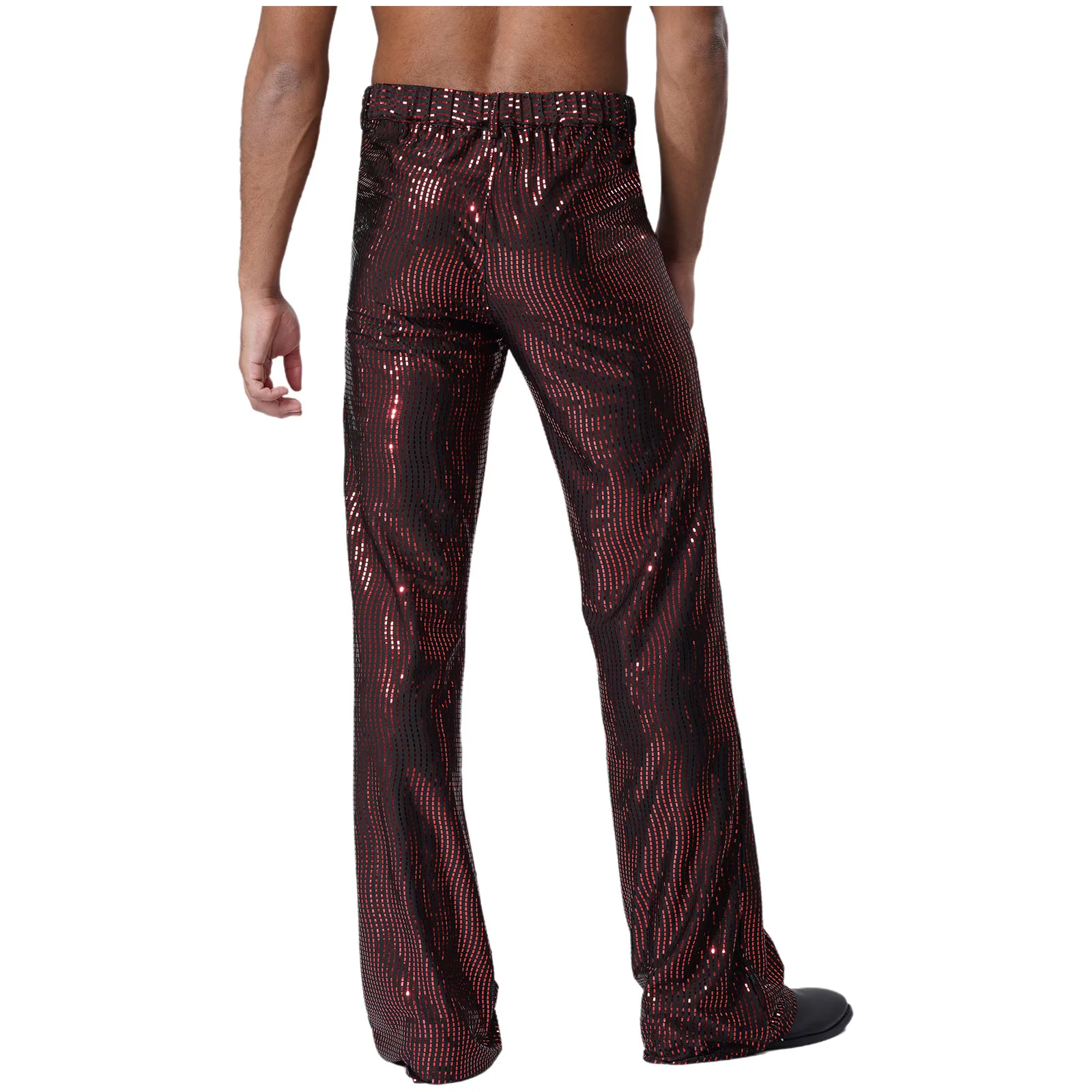 Men Party Disco Dance Sequin Flared Pants Clubwear Shiny Allover Glittery Pockets Trousers Music Party Stage Performance Costume