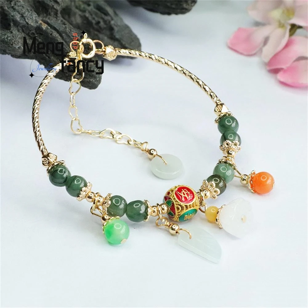 

Natural Jadeite Oil Green Jade Leaf Enamel Peace and Joy String Bracelet Exquisite Elegant High-grade Couple Luxury Fine Jewelry