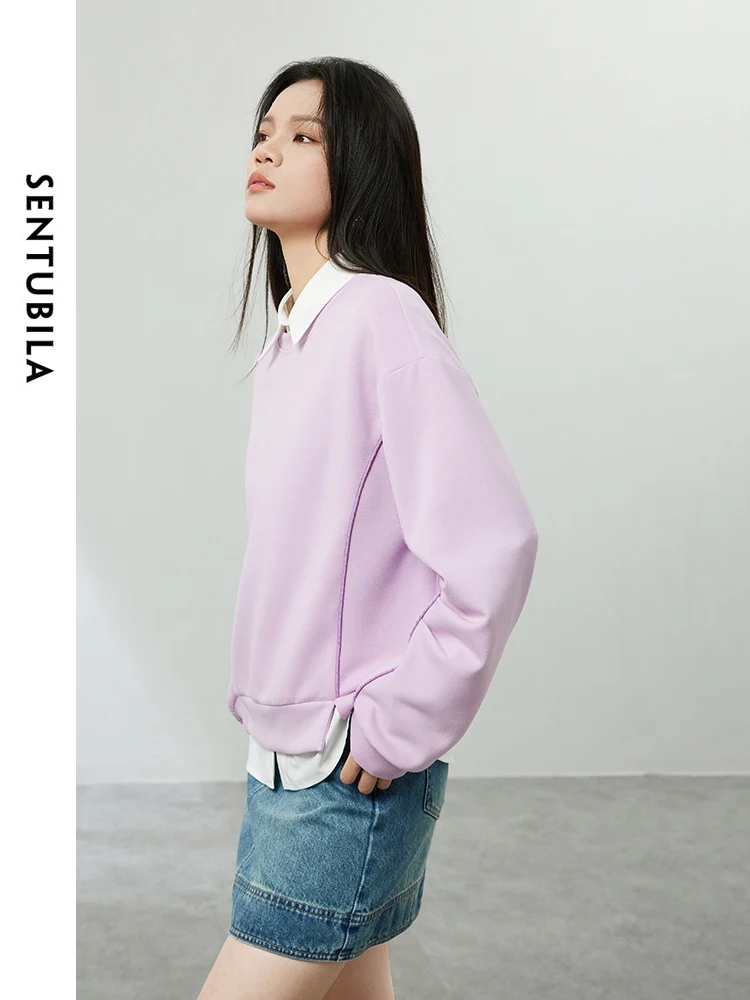 SENTUBILA Round Neck Casual Sweatshirt 2024 Spring Simple Loose Solid Womens Pullovers Long Sleeve Tops Sweatshirts 141A53790