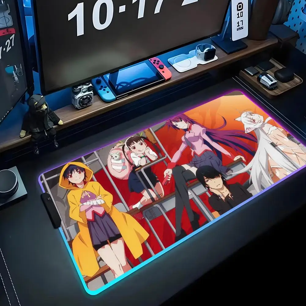 

Anime Monogatari Series Mouse Pad RGB Gaming Mousepad Big LED Pad PC Desk Mat Luminous Mouse Pad Large Keyboard Mats Table Rug