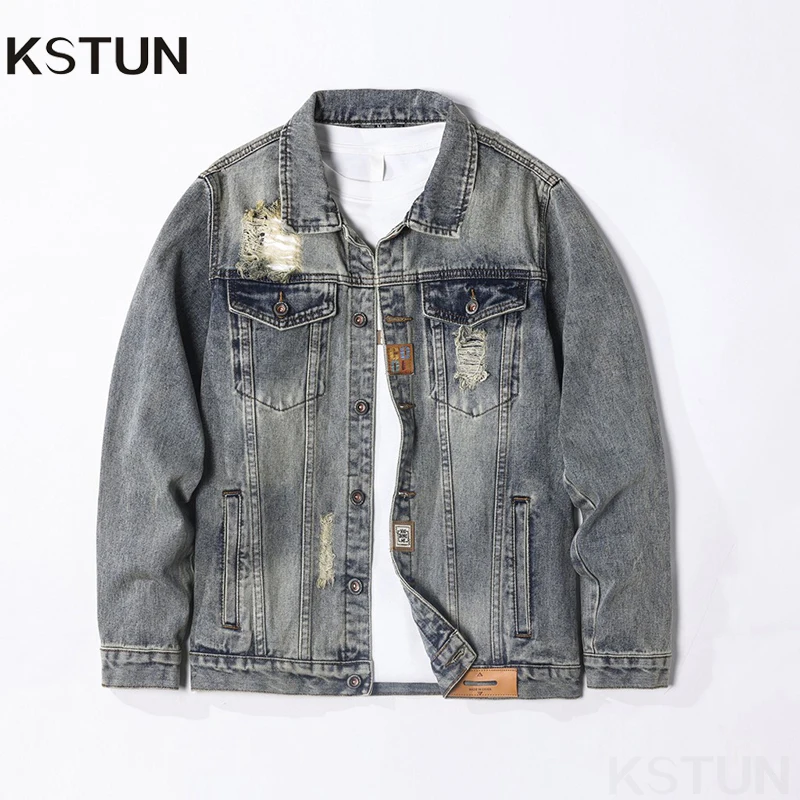 

KSTUN Moto & Biker Джинсовое пальто Мужская джинсовая куртка Ретро Хип-хоп Рваные уличные разрушенные полые мужские джинсовые пальто Свободный крой