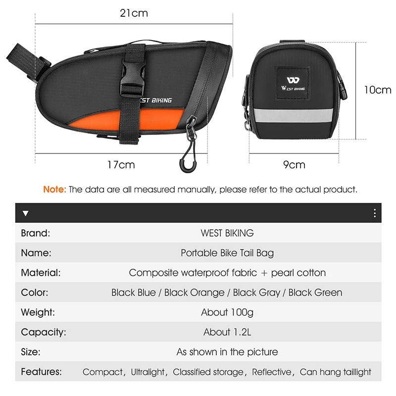 WEST BIKING Bike Saddle Bag Storage Cycling Seat Tail Rear Pouch Bag Accessory Kit Tool Pannier Reflective Cycling Accessories