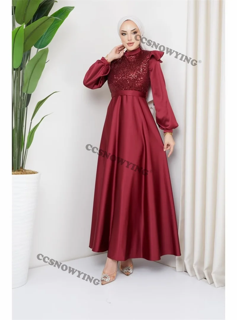 

Satin Sequin Beaded Muslim Evening Dresses Islamic Long Sleeve Hijab Formal Party Gown Arabic Dubai Women Robes De Soirée