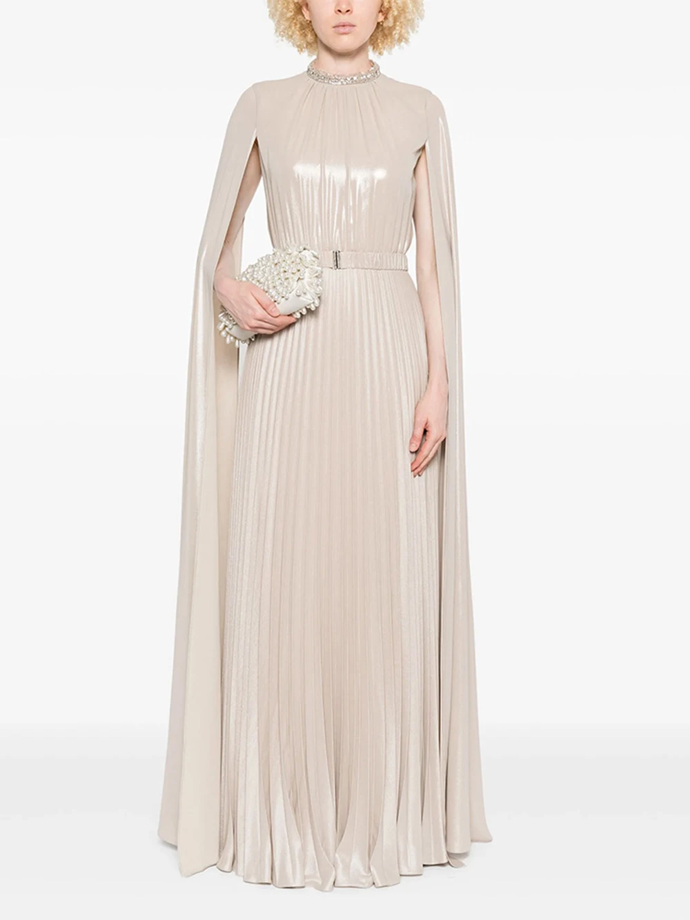 Modphy Elegant Banquet Evening Gowns And Floor Long Cape Sleeves Diamond Slimming Pleated Long Dress