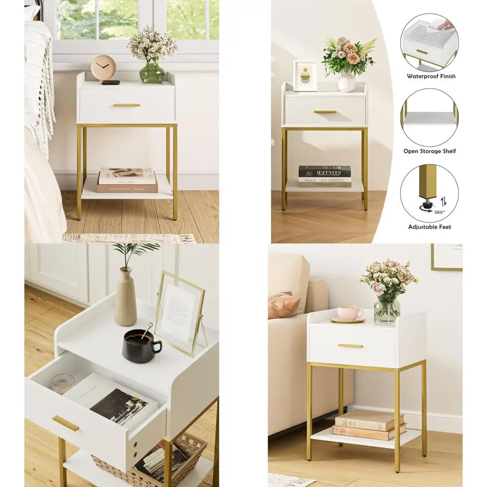 

Contemporary 3-Tier Nightstand with Storage Drawer and Shelf, Compact Side Table for Bedroom or Living Room, White