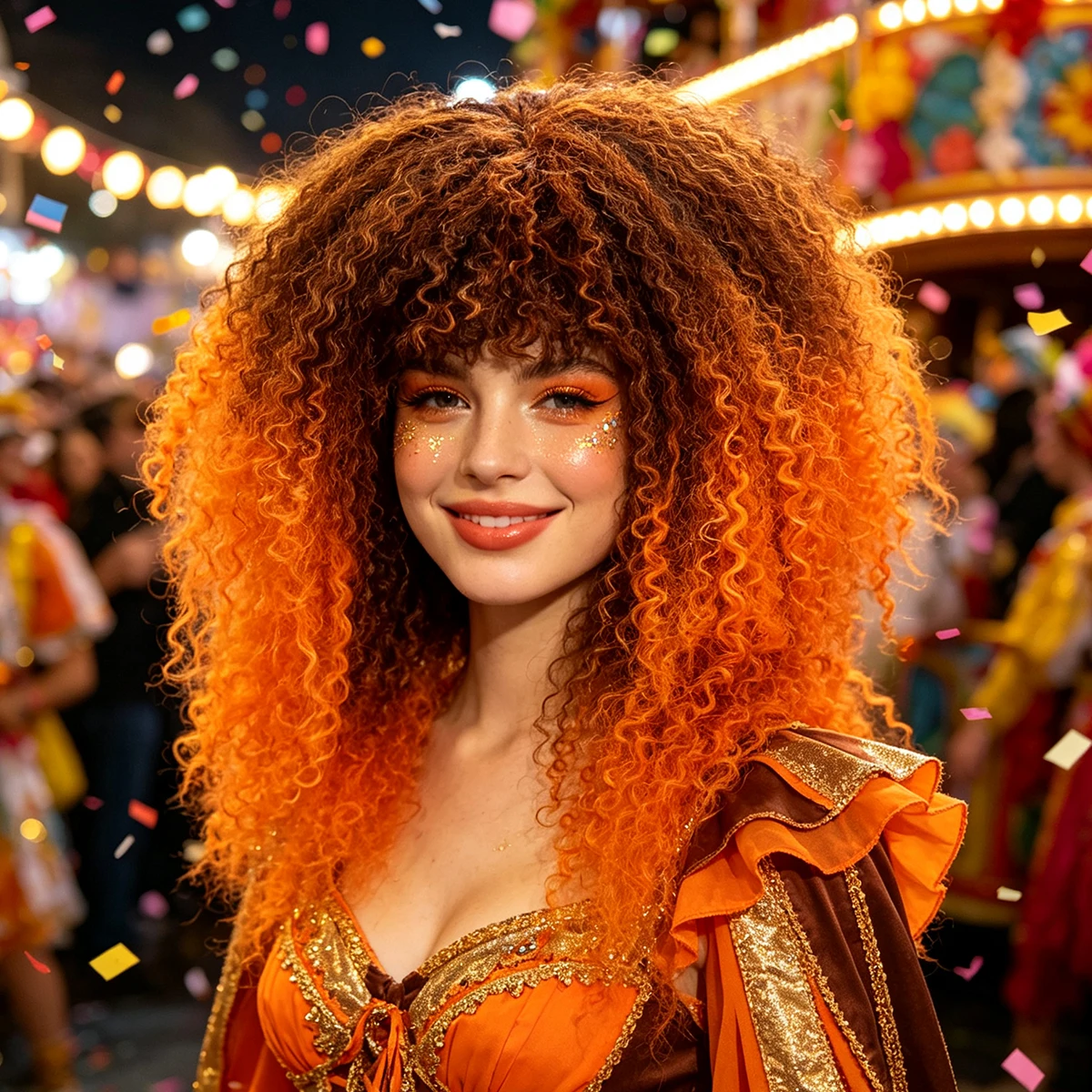 Peluca Afro Rizada Ombre Marrón con Raíz Naranja, Cabello Sintético con Flequillo de Rizos Pequeños, Peluca Completa para Mujer, Estilo Hip Hop, Cosplay, Halloween, Disfraz, Fiesta