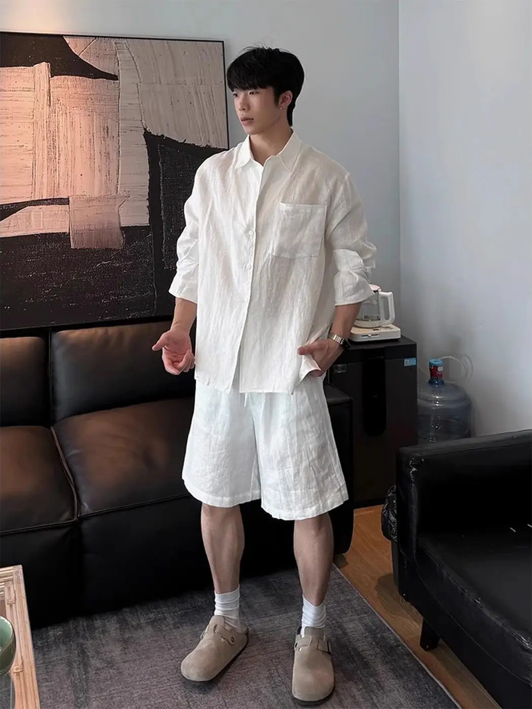 Spring/Summer Men's Matching Sets French Casual Fashion Loose White Lapel Long Sleeve Shirt Elastic Waist Shorts 2 Pieces Set