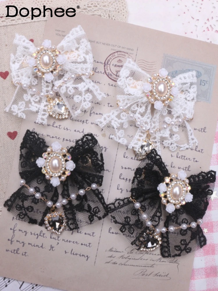 

Vintage Lace Rose Flower Pearl Chain Heart Shape Rhinestone A Pair of Hairclips Lolita Style Kawaii Hair Accessories Schoolgirl