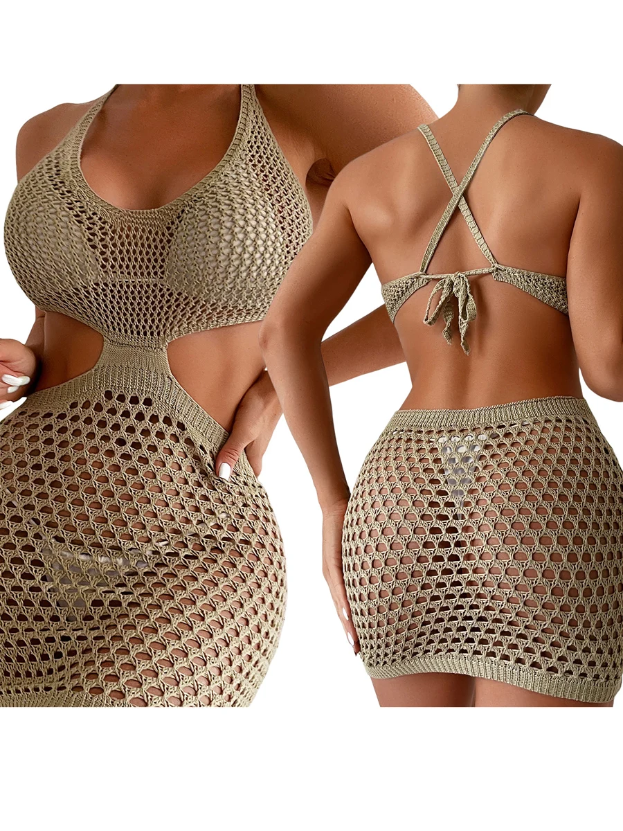 Abito estivo aderente da donna, copricostume da spiaggia all'uncinetto, senza maniche, aperto sul retro, con lacci e vestibilità