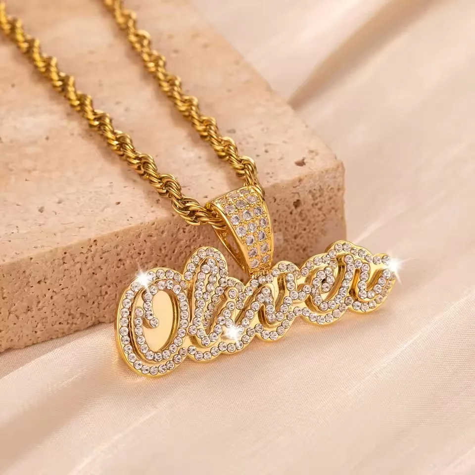 Custom Name Necklace Iced Out Double Layer Personalized Diamond Letter Pendant Stainless Steel Gold Chain Nameplate Jewelry Gift