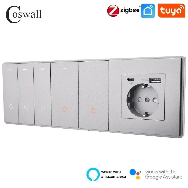 Coswall zigbee tuyaオン/オフスイッチステージスイッチyclic、マットグレーパネル、ユニバーサルソケットUSB急速充電器TVデータモジュールDIY